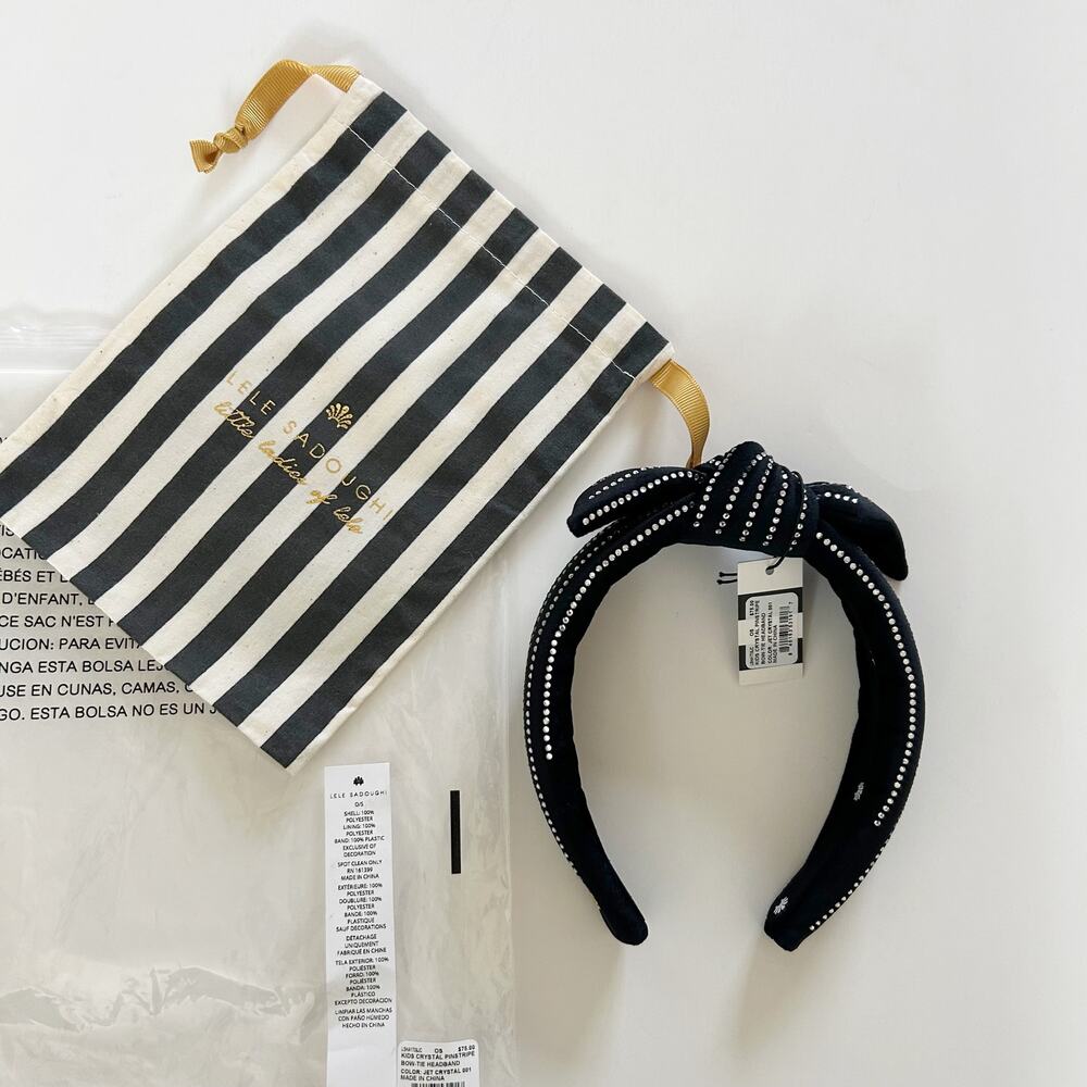 Lele Sadoughi Kids Crystal Pinstripe Bow-Tie Headband NWT Dustbag Black Girls